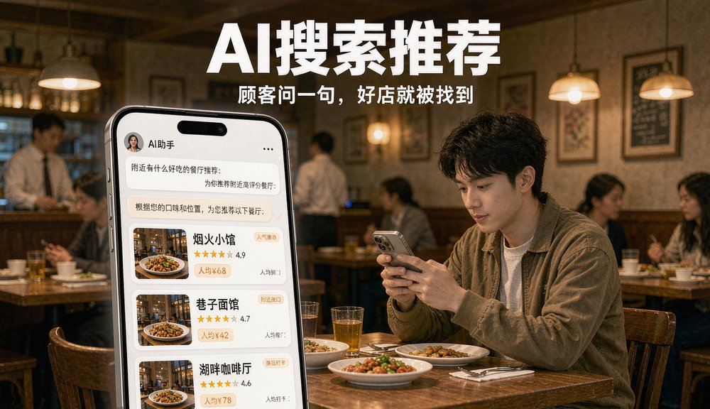 顾客用AI助手寻找附近餐厅示意图