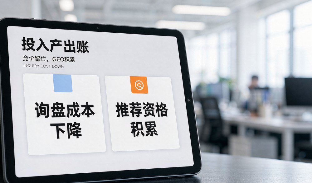 工厂办公室平板上算投入产出账,询盘成本下降、推荐资格积累