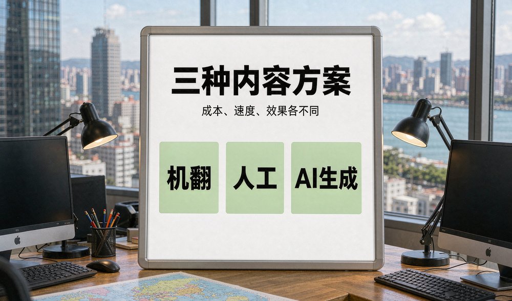 外贸办公室看板对比机翻、人工、AI生成三种内容方案