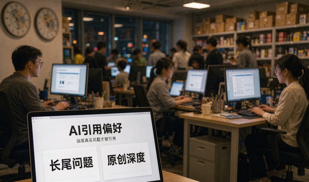 跨境电商运营室的笔记本展示AI引用偏好:长尾问题与原创深度