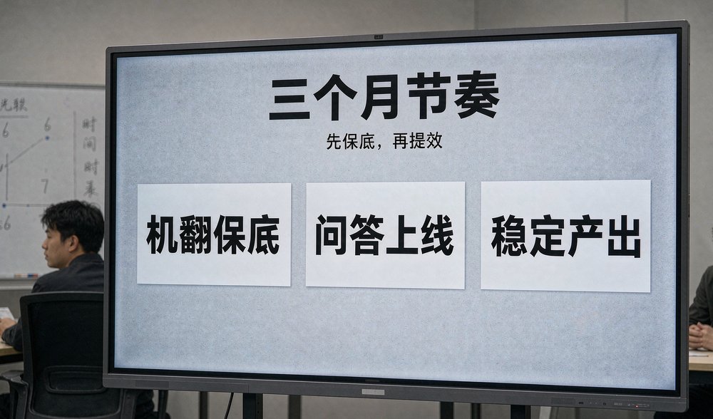 外贸团队会议室大屏展示三个月节奏:机翻保底、问答上线、稳定产出