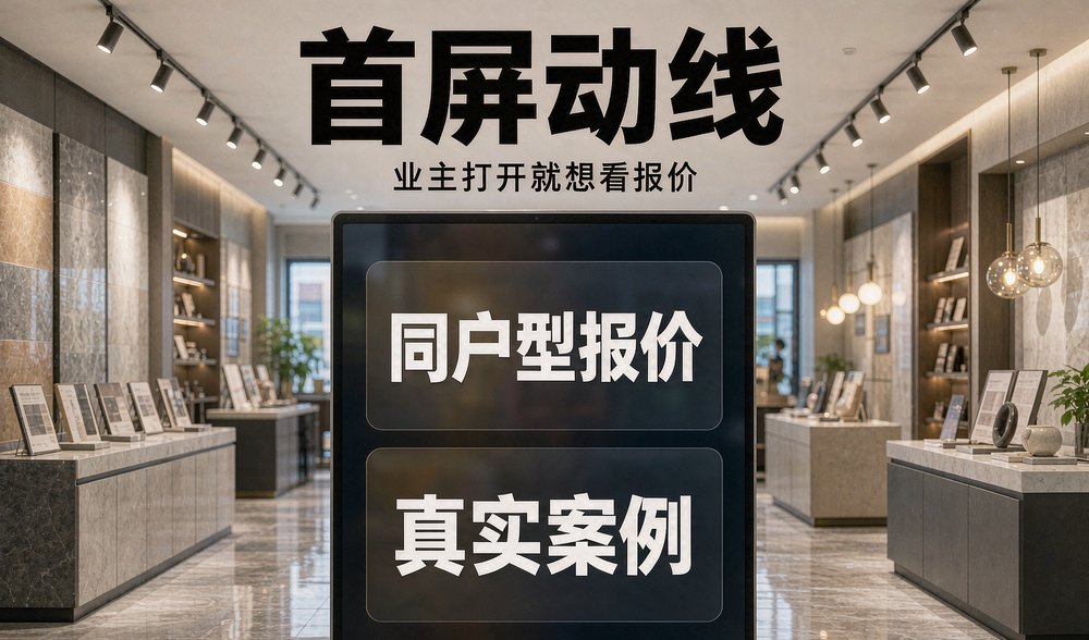装修展厅屏幕展示小程序首屏动线:同户型报价与真实案例