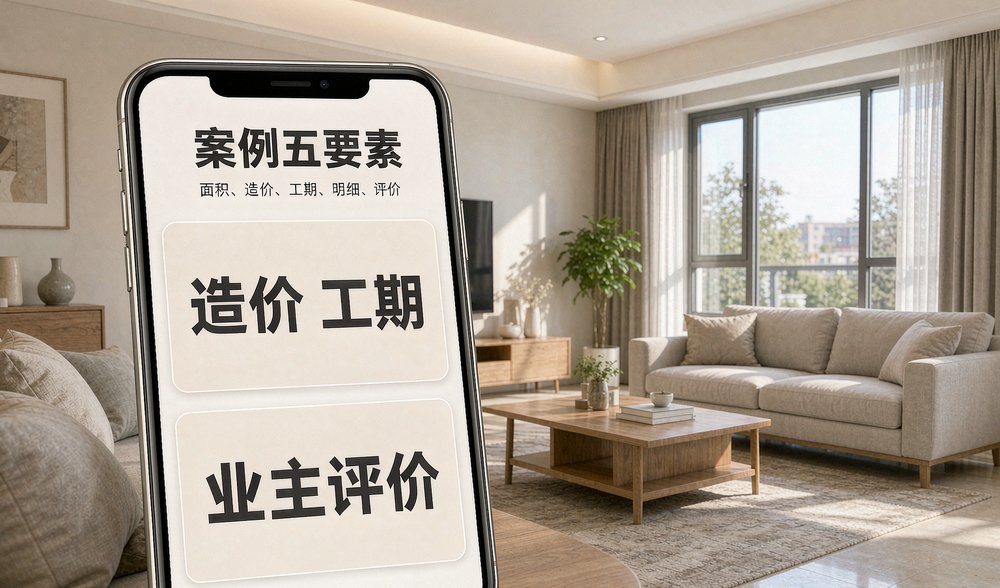 完工客厅前的手机展示案例五要素:面积造价工期明细评价