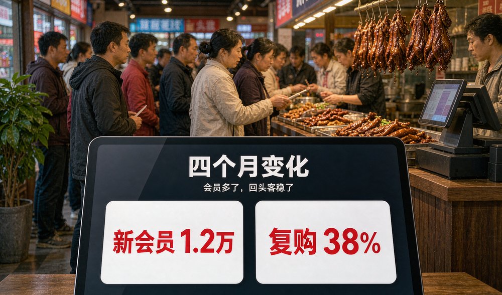 卤味店收银台平板展示四个月变化:新会员1.2万、复购38%