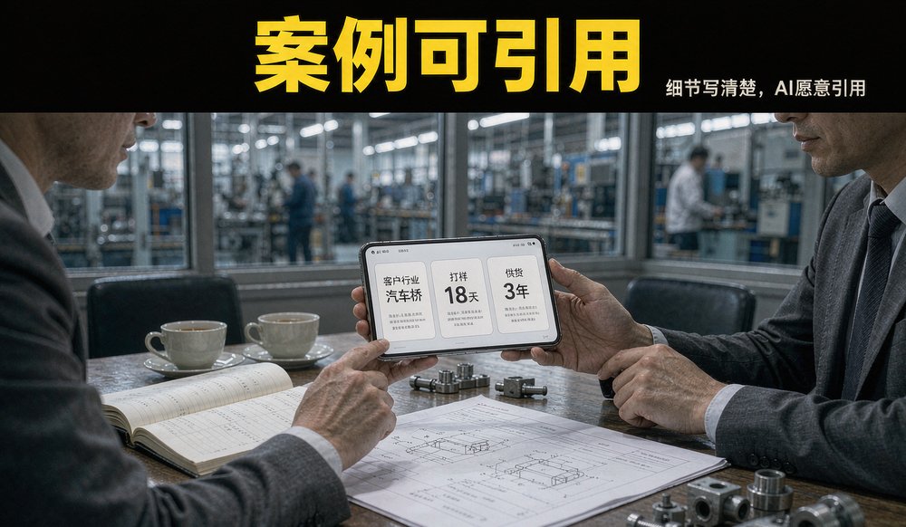 会议室屏幕展示供应商供货案例卡片,B2B企业可被AI引用的客户案例写法