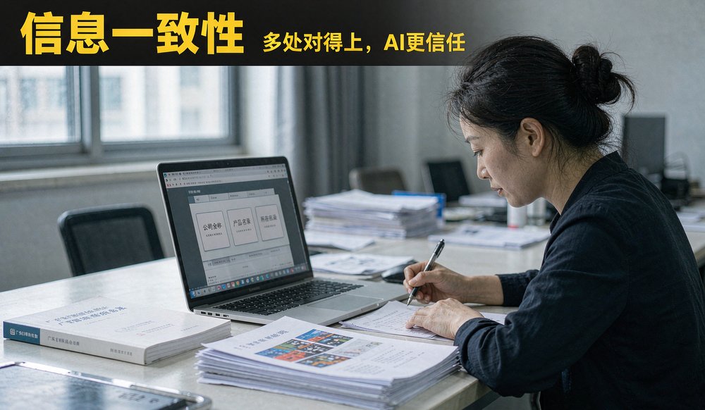 办公桌上笔记本电脑显示企业信息核对清单,全网信息一致性提升AI搜索推荐信任度