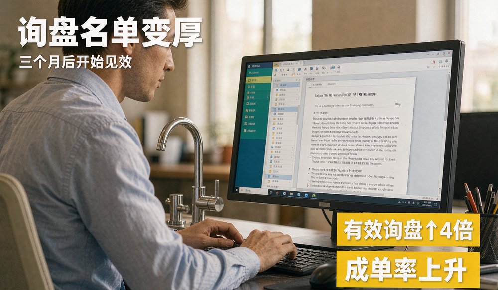 办公桌上笔记本电脑显示海外卫浴产品英文参数页面,外贸独立站GEO优化改版后的产品页结构
