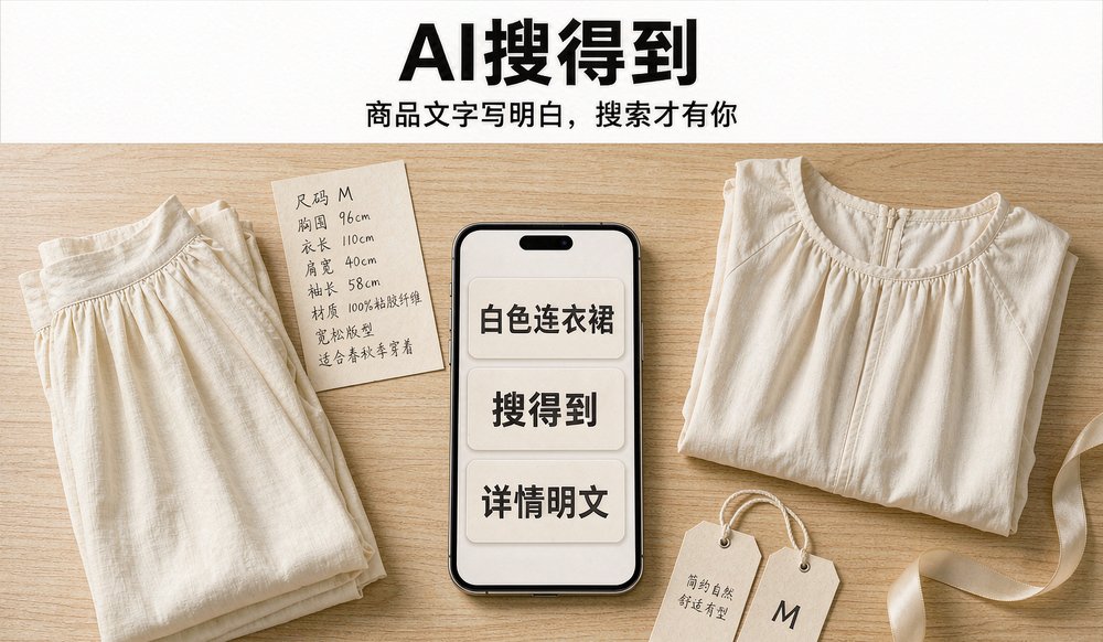 商场里顾客举着手机搜索白色连衣裙商品卡片,小程序商品信息文字化后AI搜得到