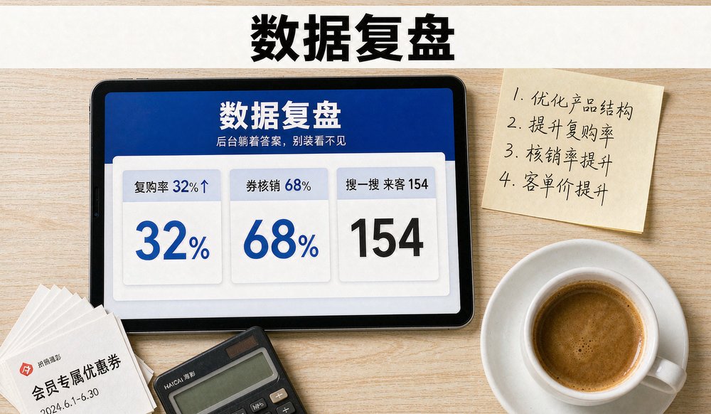 店长在电脑前查看复购率和优惠券核销数据,零售小程序后台数据复盘