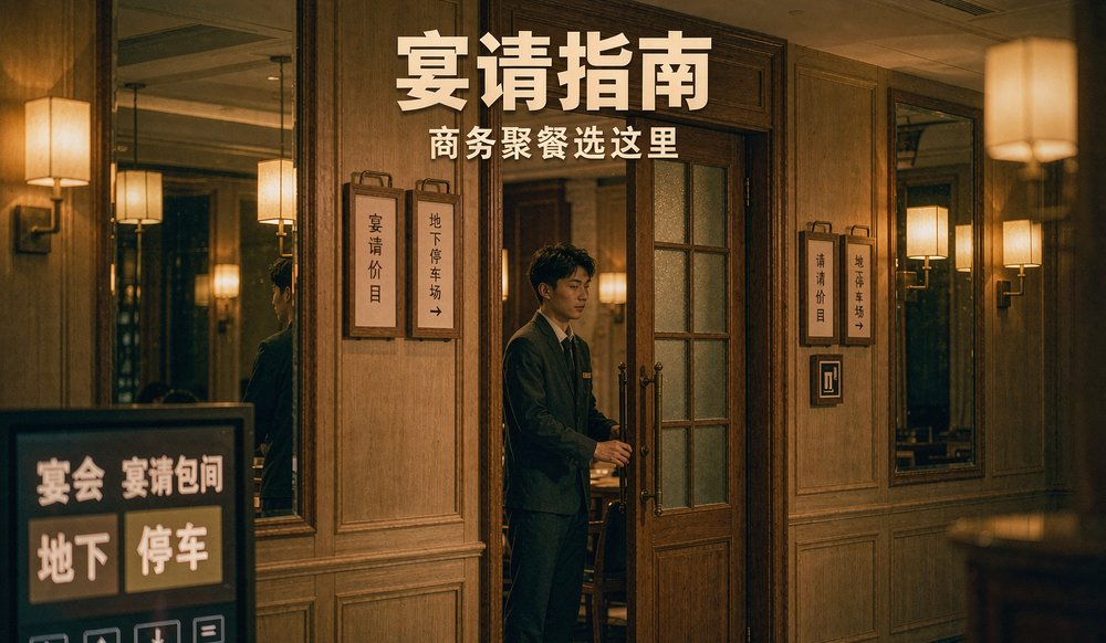 餐厅门口包间指示与停车信息告示,餐饮店公众号宴请指南与停车信息内容