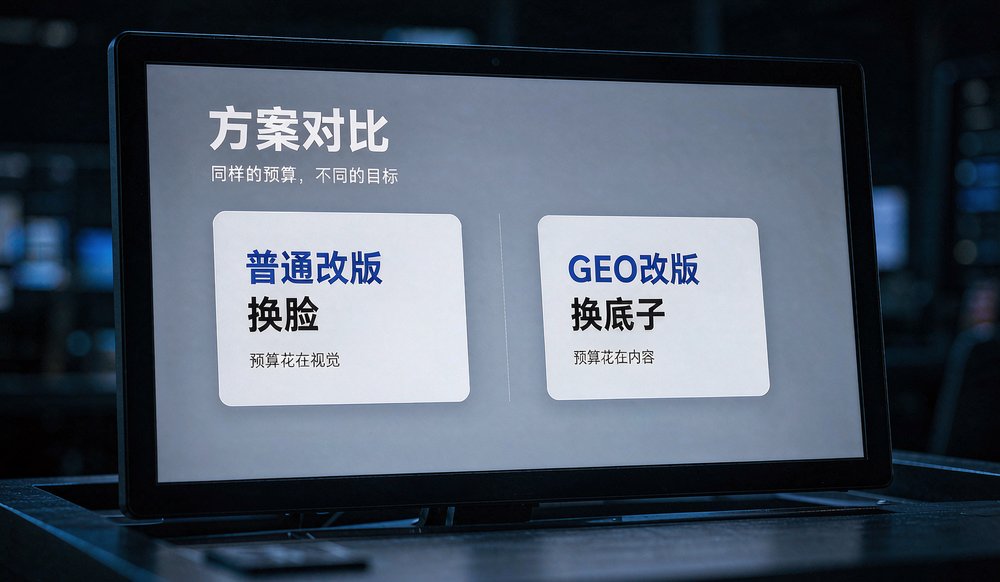办公桌上笔记本电脑显示企业产品参数与结构化数据检查界面,GEO优化改版清单