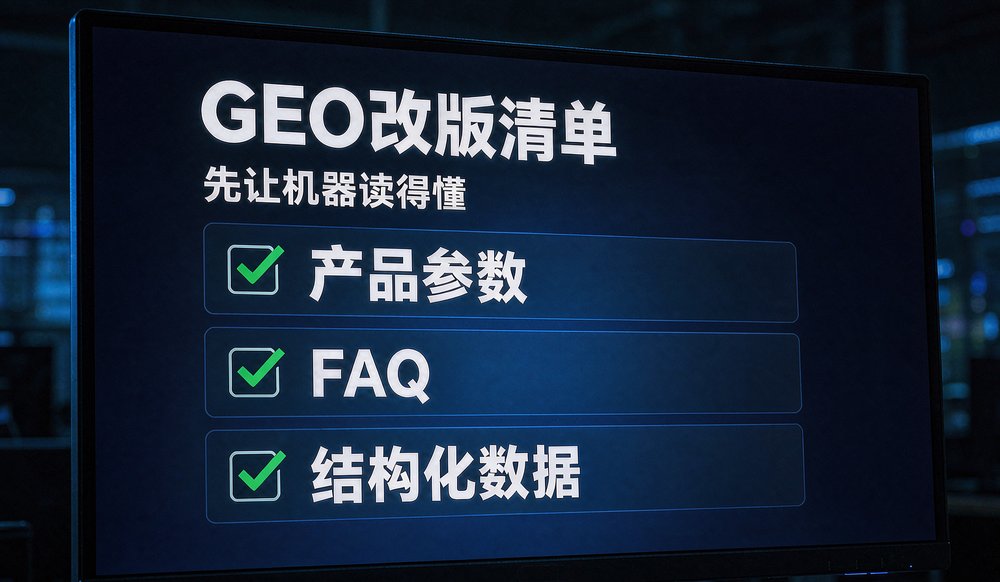 会议室屏幕展示普通改版换脸与GEO改版换底子的方案对比卡片,企业官网改版预算分配