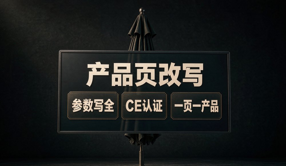 收拢的户外遮阳伞与产品参数卡片:产品页参数写全、一页一产品