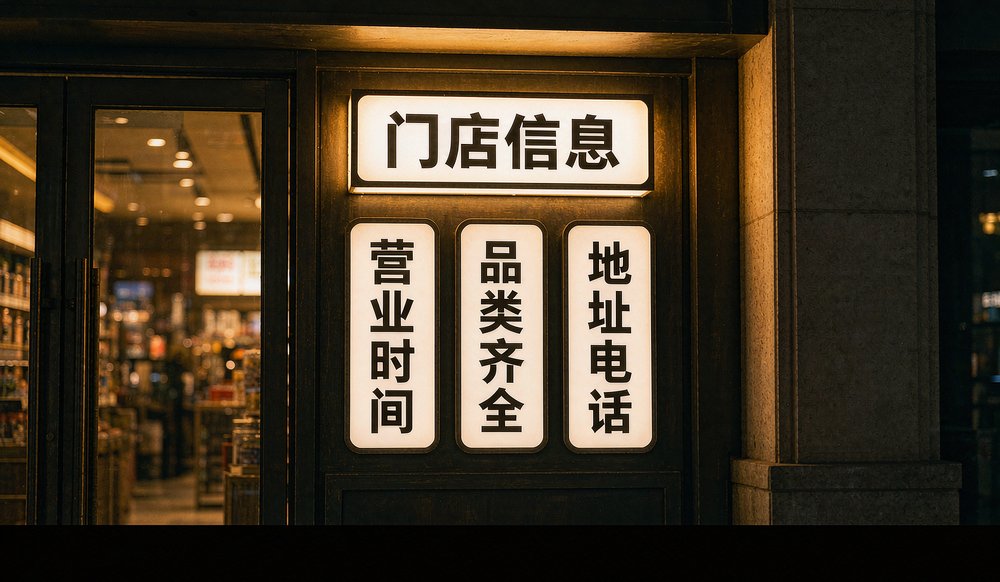 夜间门店门口的门店信息灯箱:营业时间、品类、地址电话写全给AI看