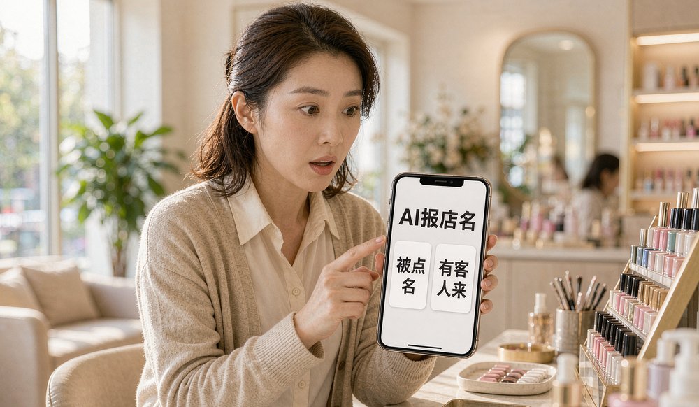 美甲店店主看手机里AI报店名:AI推荐是让AI在回答里替你说话