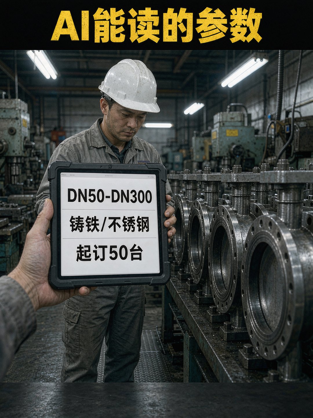 工程师在车间用平板查看AI能读的产品参数