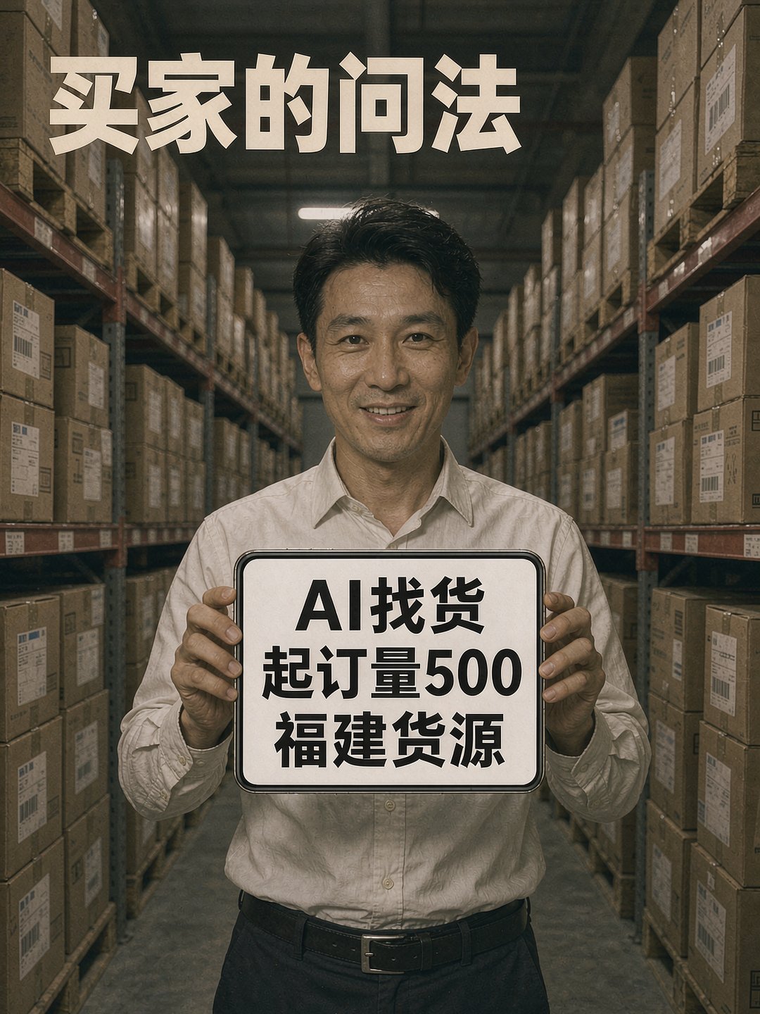 外贸业务员在仓库里看海外买家问AI找货的方式