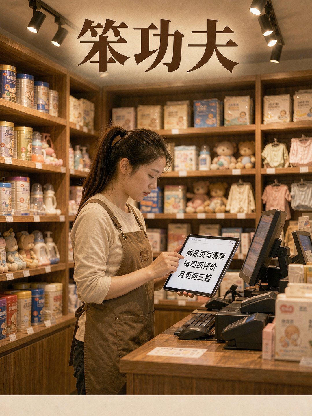 店员在收银台用平板补写商品页和回复评价