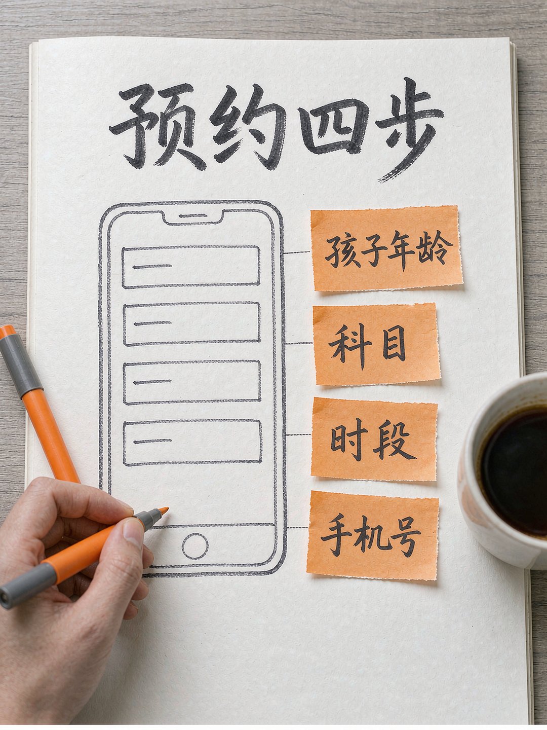 素描本上的小程序试听预约四步表单草图
