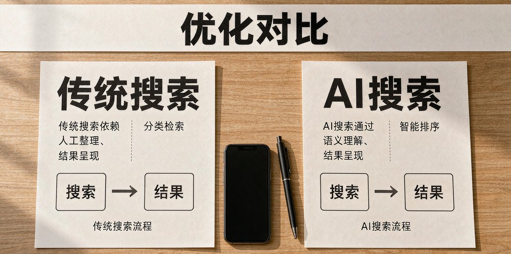传统搜索与AI搜索的对比，GEO优化逻辑不同