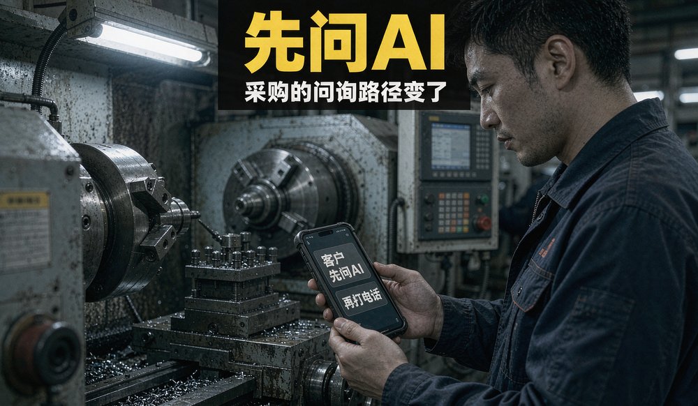 机械配件厂业务员在车间用手机查AI搜索结果——GEO优化改变B2B获客路径