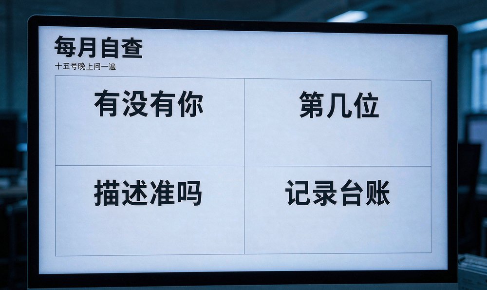 显示器上的AI自查台账——电商团队每月固定检查AI怎么推荐自己
