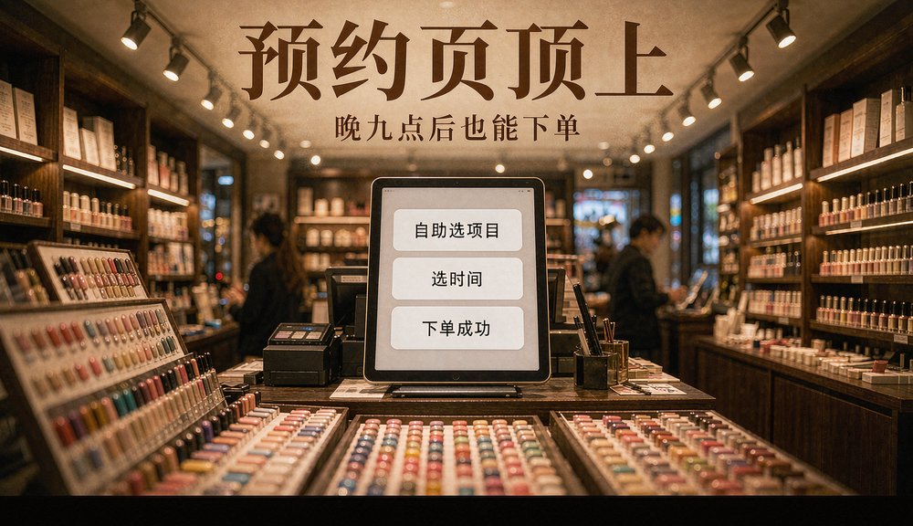 美甲店收银台上的在线预约页——预约小程序让门店晚九点后也能接单