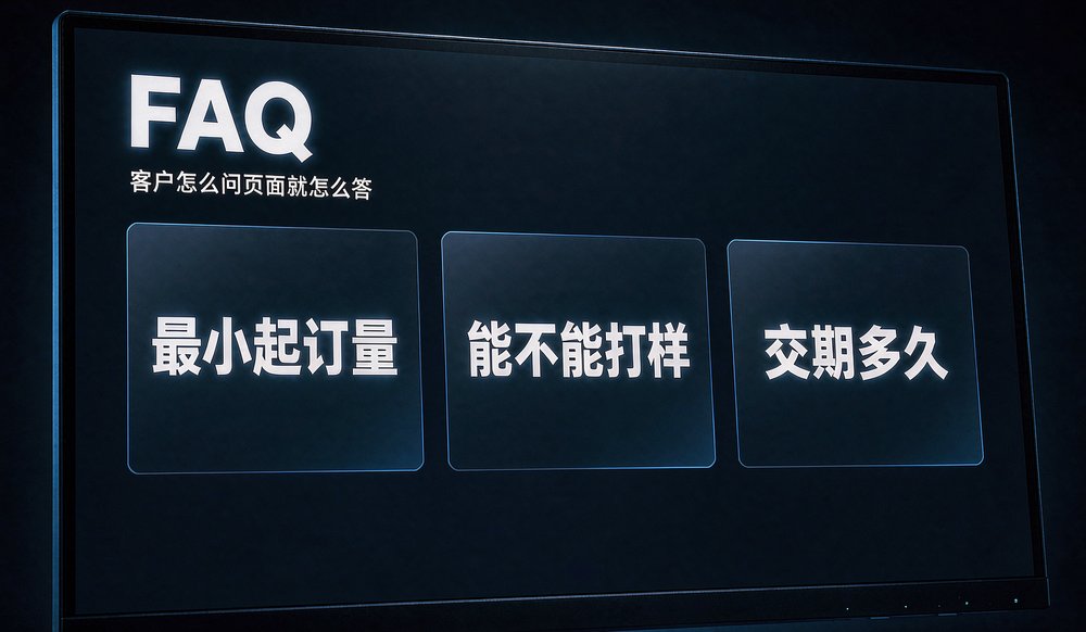 外贸独立站 FAQ 页面，问题来自客户邮件