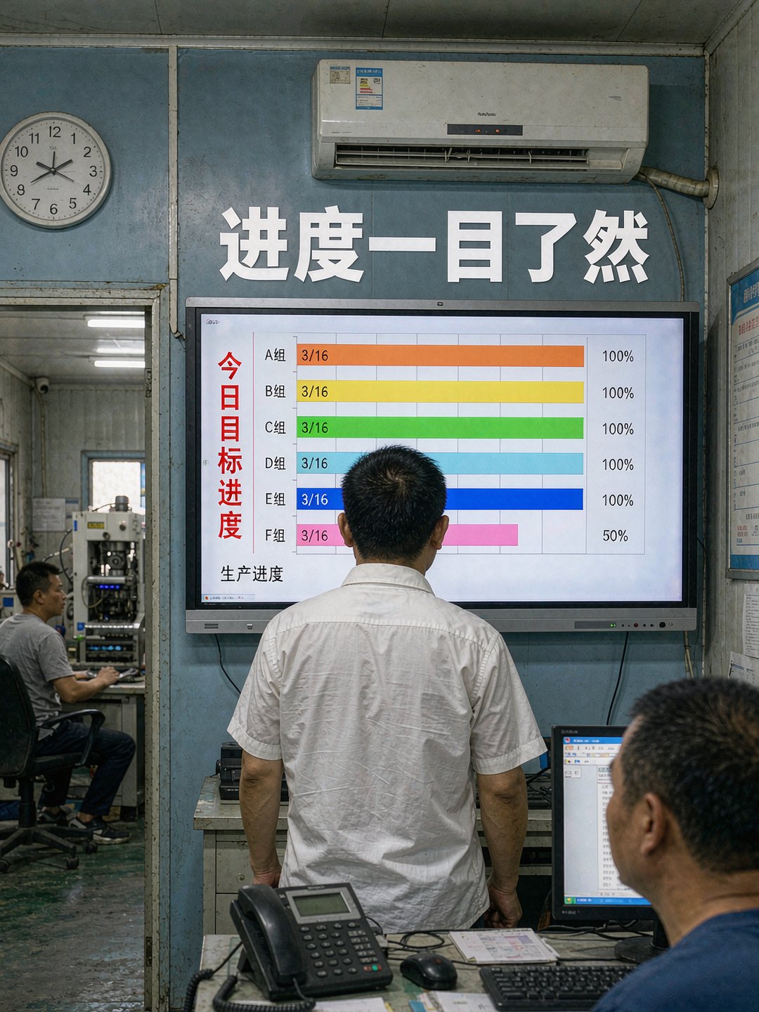 工人在机台边单手操作平板录入