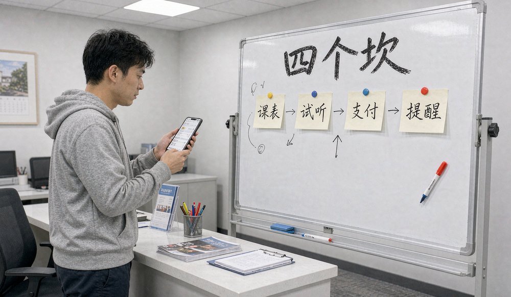 家长在培训机构前台用小程序看课表