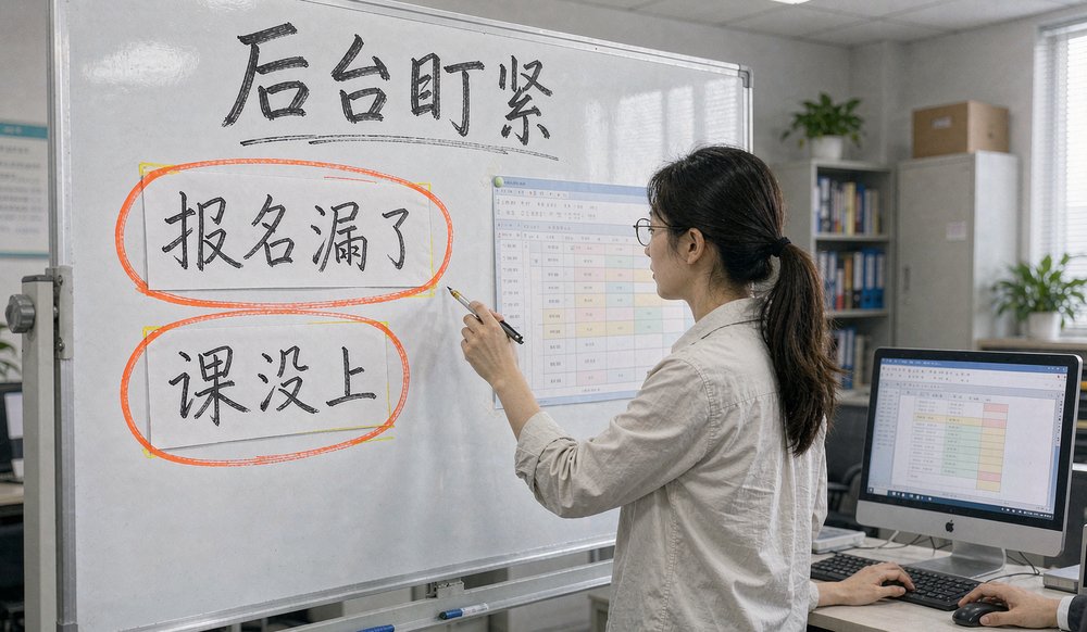 机构老师在电脑后台核对报名数据