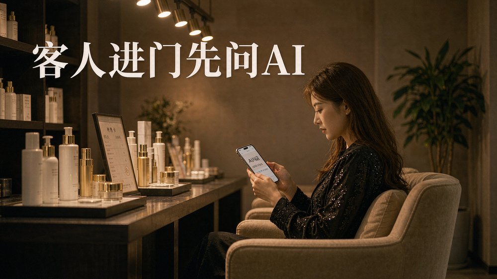 顾客在美容院用手机问AI选店,美业推广进入AI推荐时代