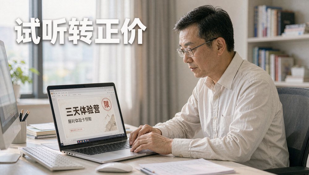 讲师在电脑前设置三天体验营限时体验卡,提高试听转正价
