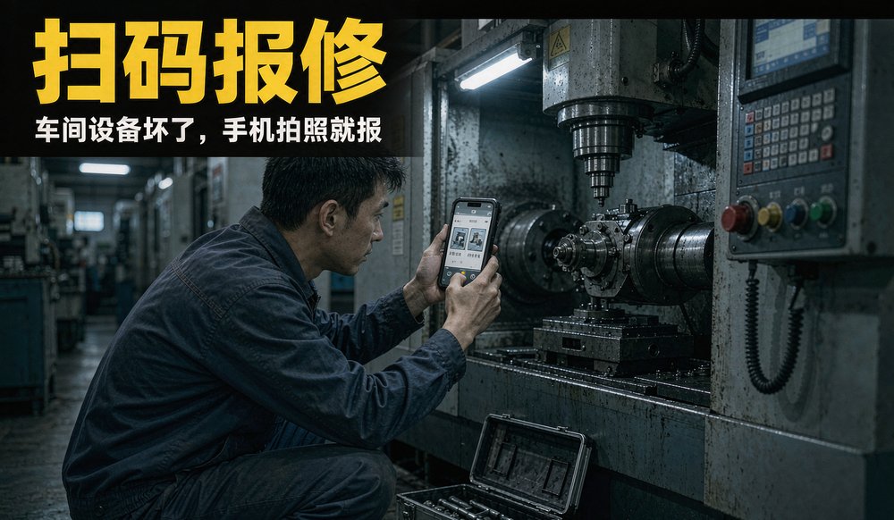 车间设备坏了,工人用手机小程序扫码报修,拍照上传故障照片