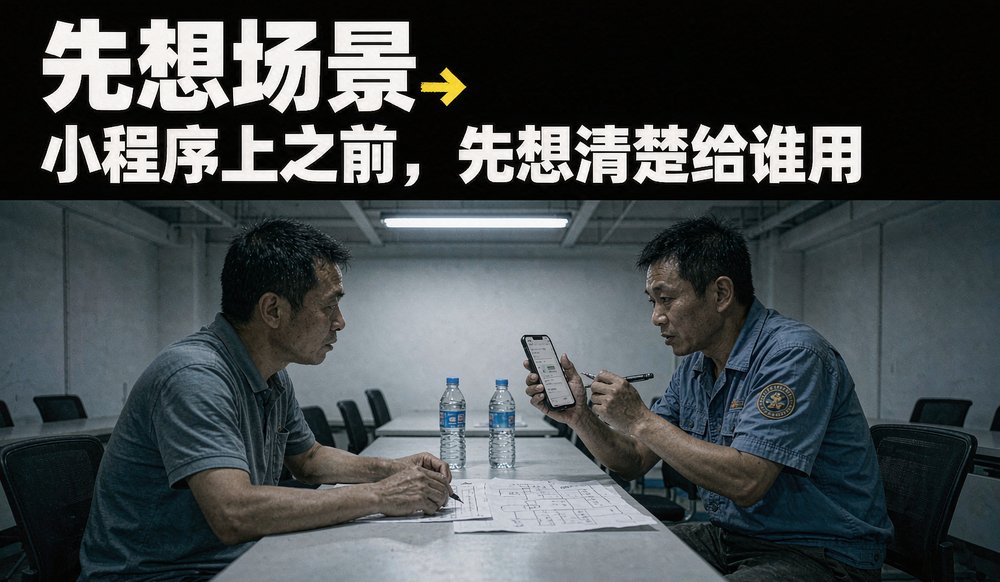 工厂老板在会议室和车间主管讨论小程序先上哪个场景