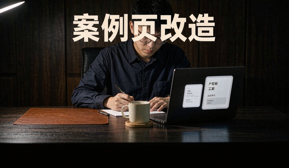 装修公司员工对照改造前后的案例页,补齐户型图、工期和业主评价