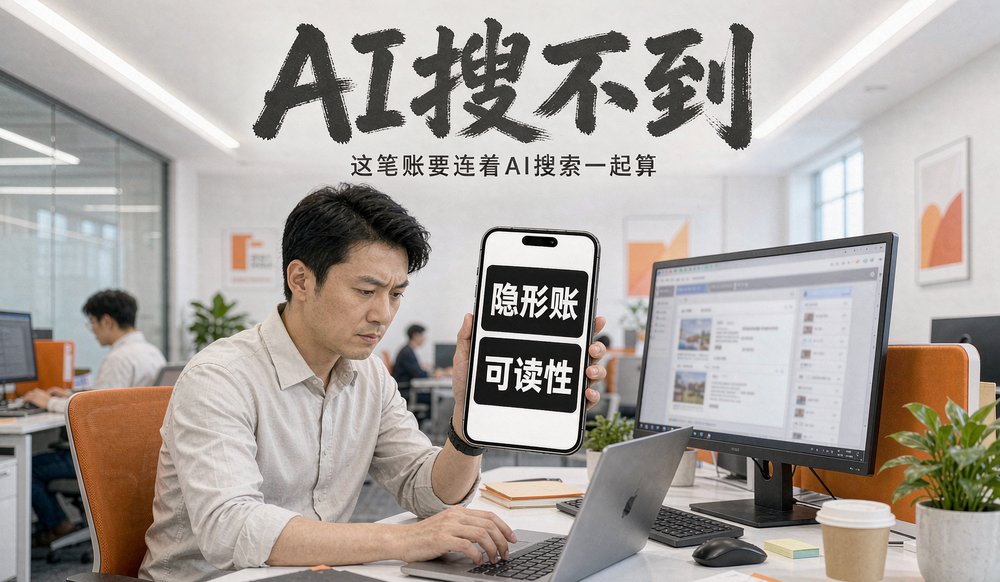 企业负责人用手机问AI,官网后台显示器摆在旁边