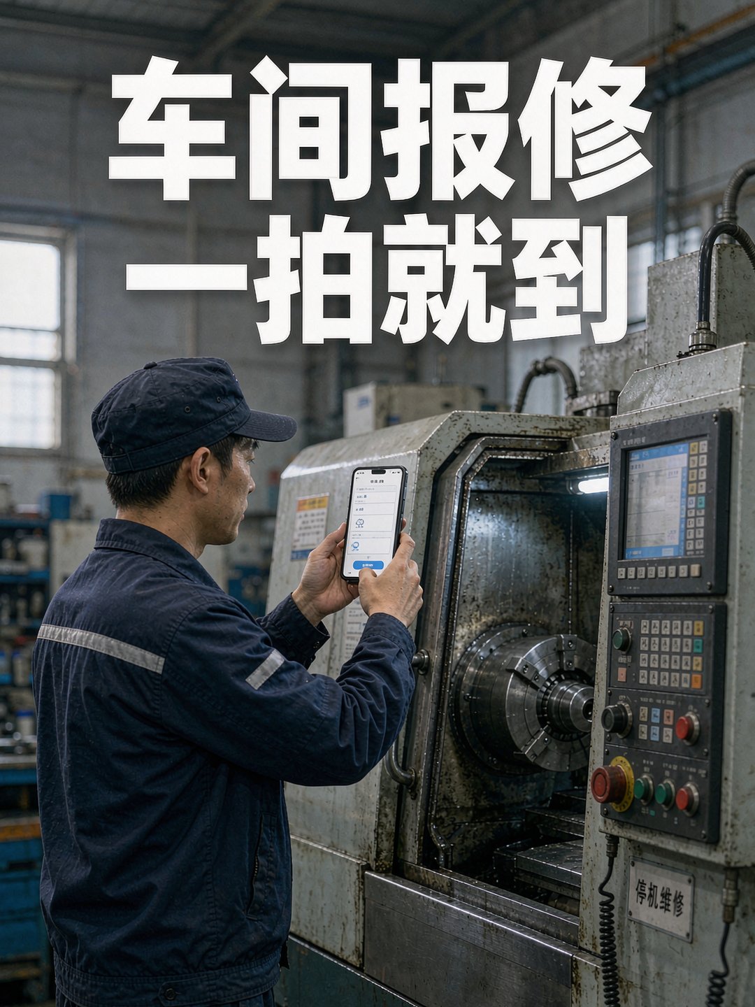 车间操作工用手机给停机的机床拍照提交报修
