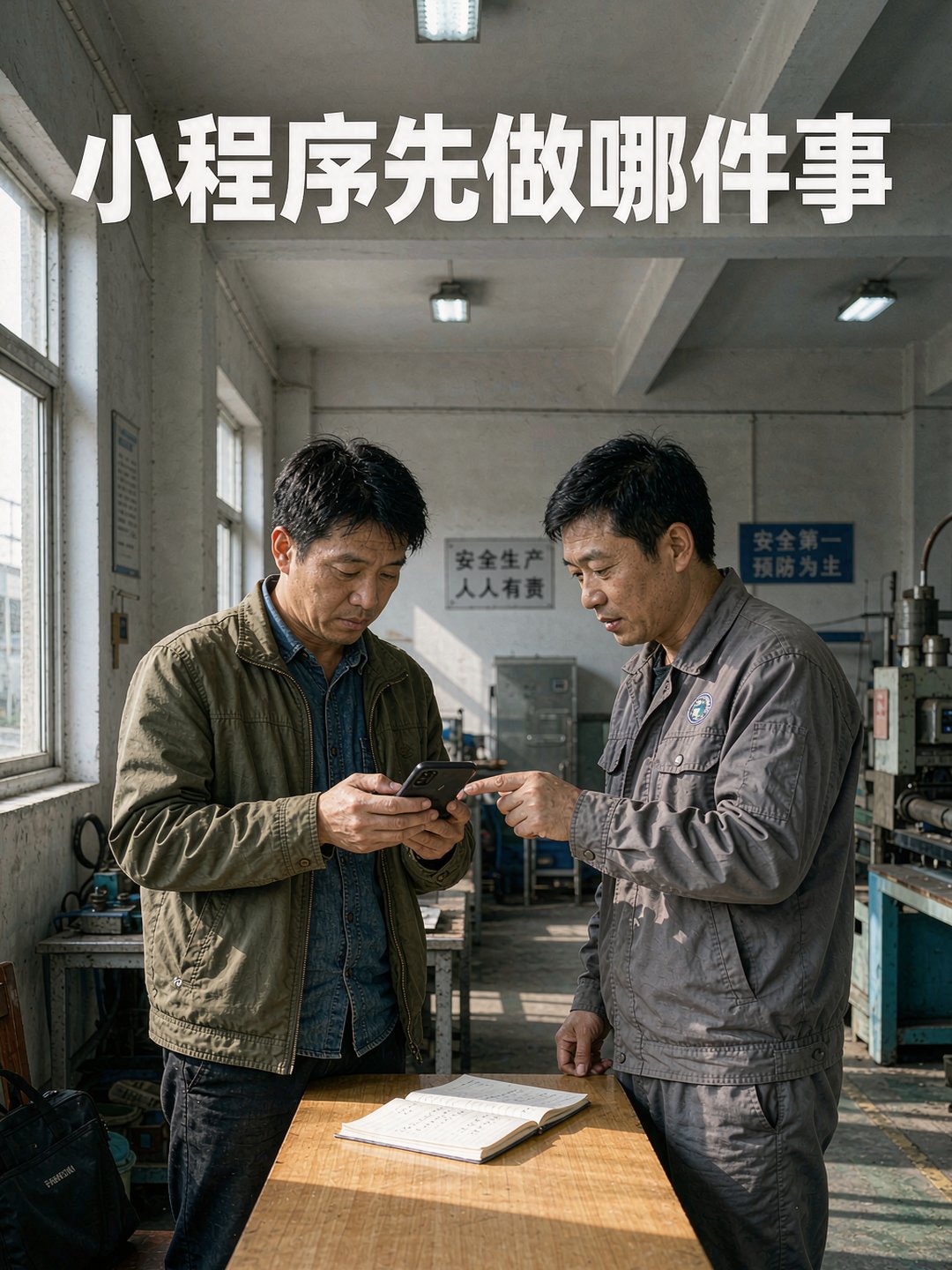 工厂老板和车间主管在车间里盯着员工上手用小程序