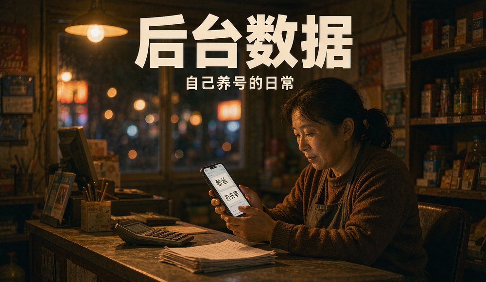 店主夜晚在收银台看公众号后台数据