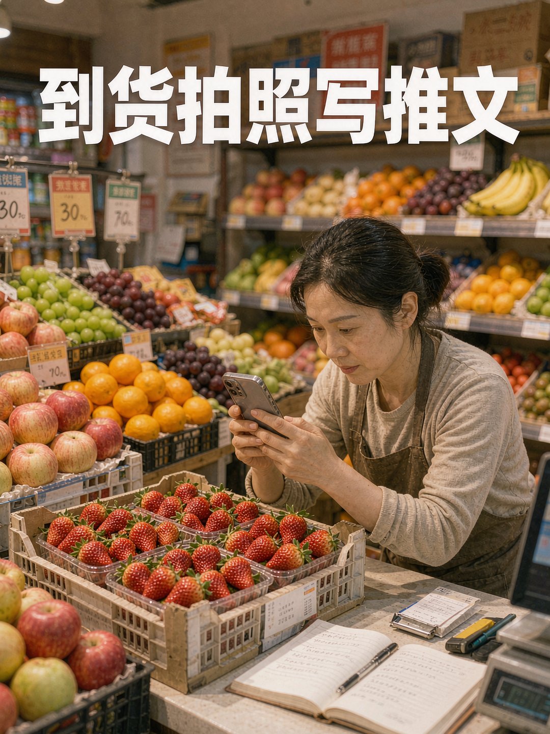 店主在店里对着刚到货的水果拍照，准备写公众号推文