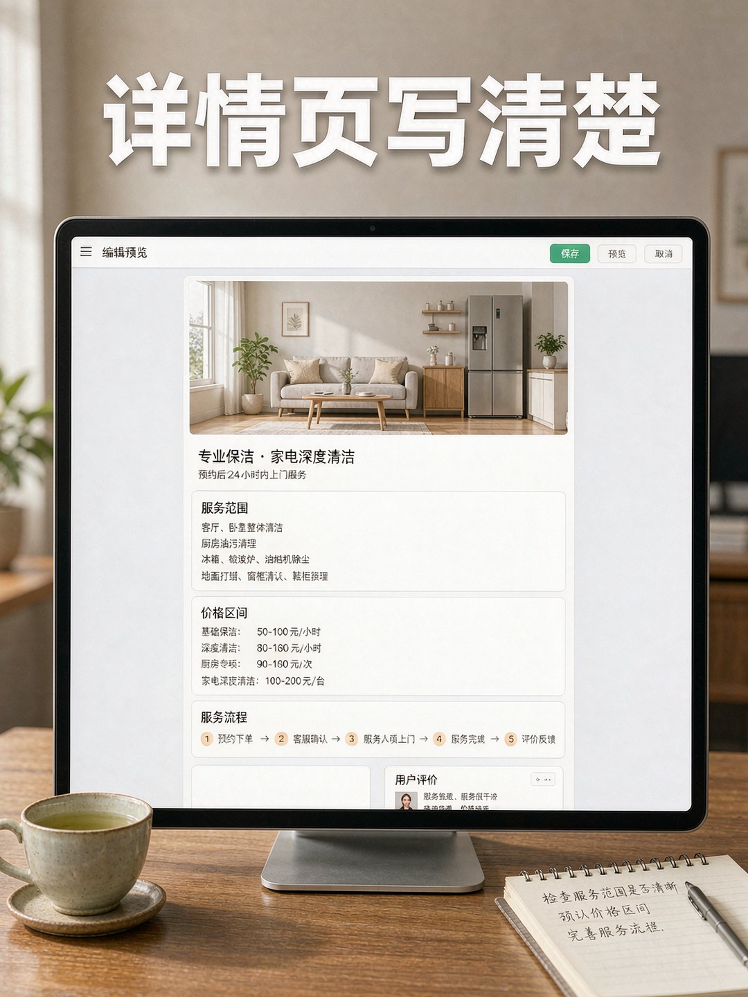 电脑屏幕上正在编辑家政小程序的服务详情页