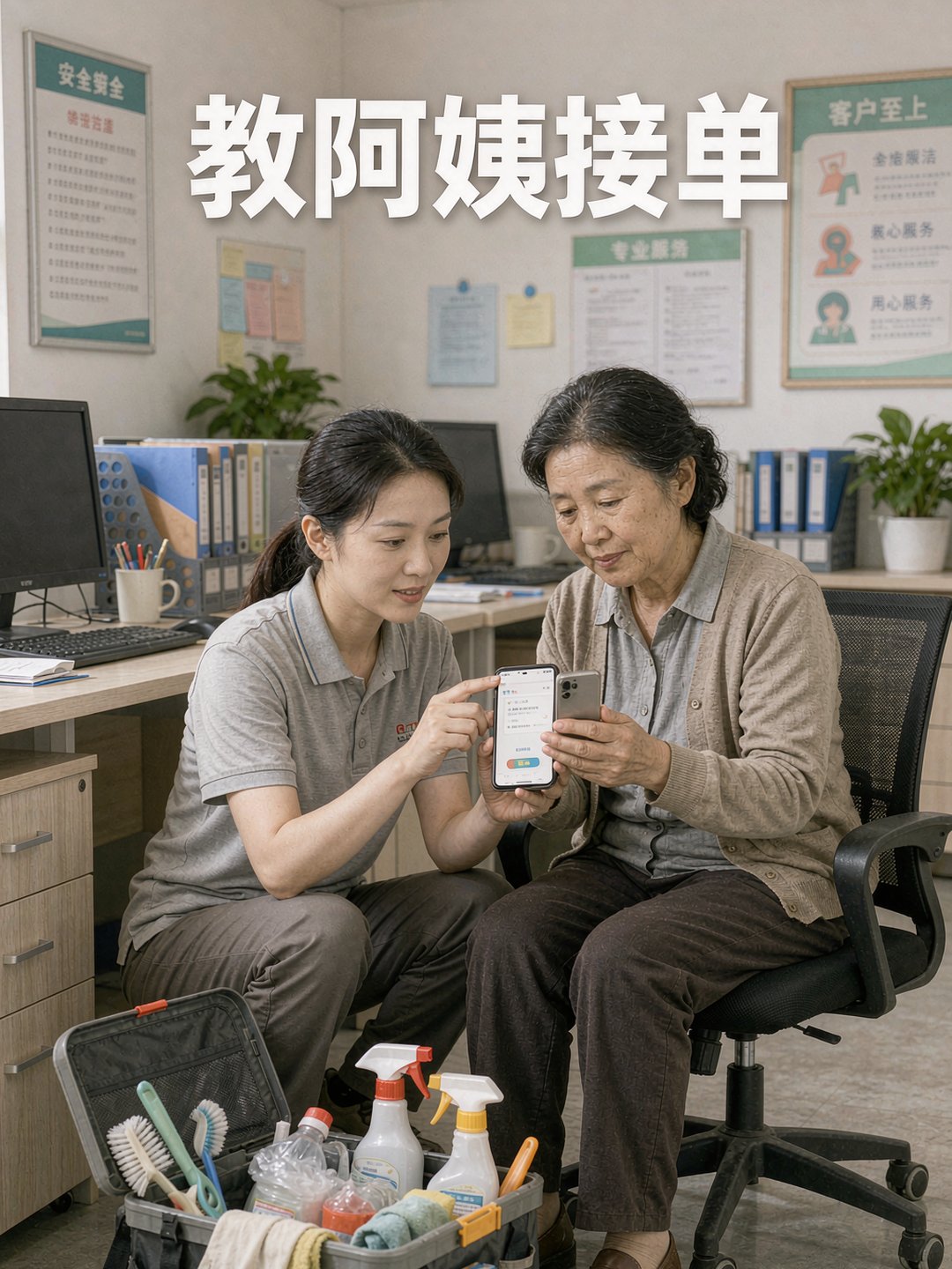 店长手把手教阿姨用手机在小程序上接单