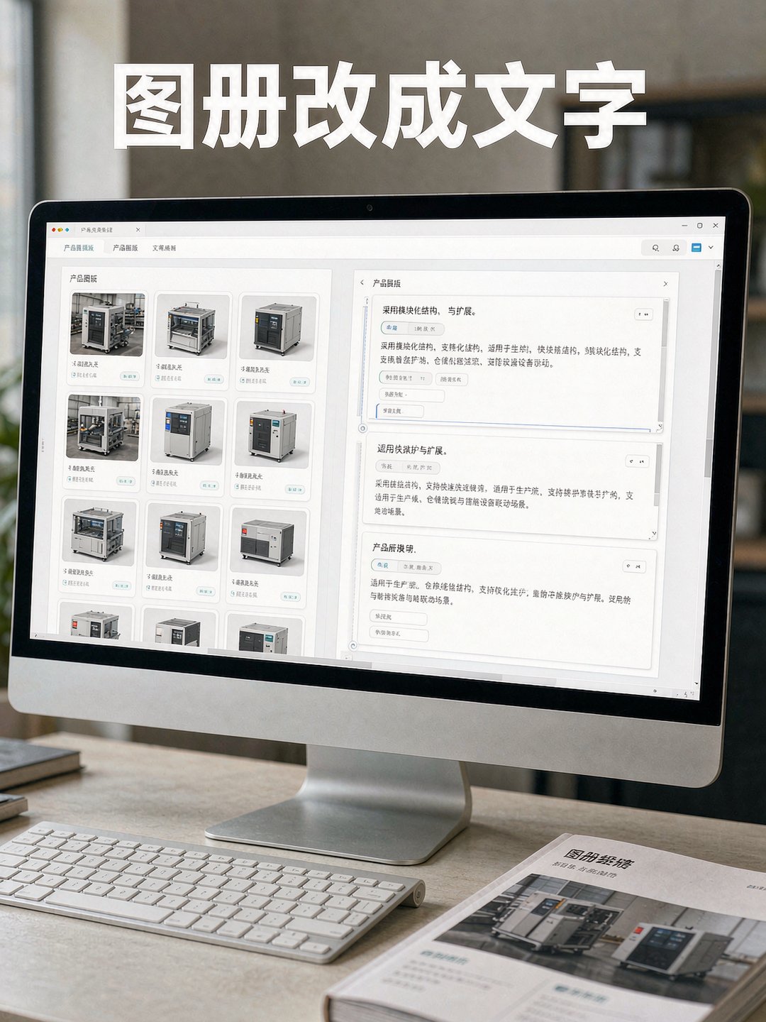 电脑屏幕上把产品图册逐张改写成文字说明