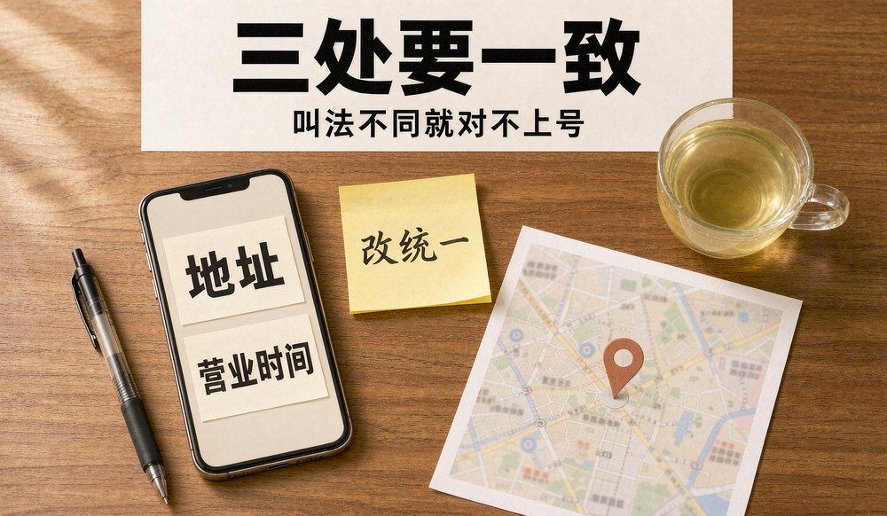 地图、点评、公众号三处地址要一致