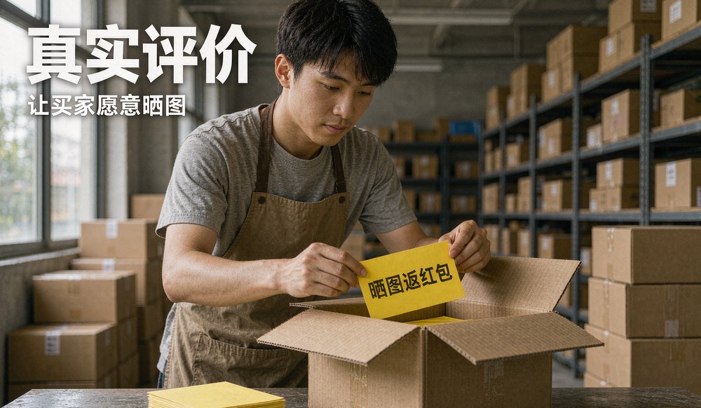 快递箱里的晒图引导卡片,真实评价是加分项