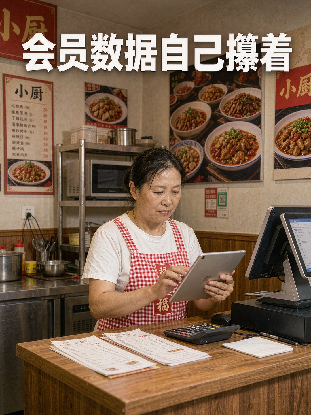 餐馆老板晚上在收银台用手机看小程序后台的订单数据