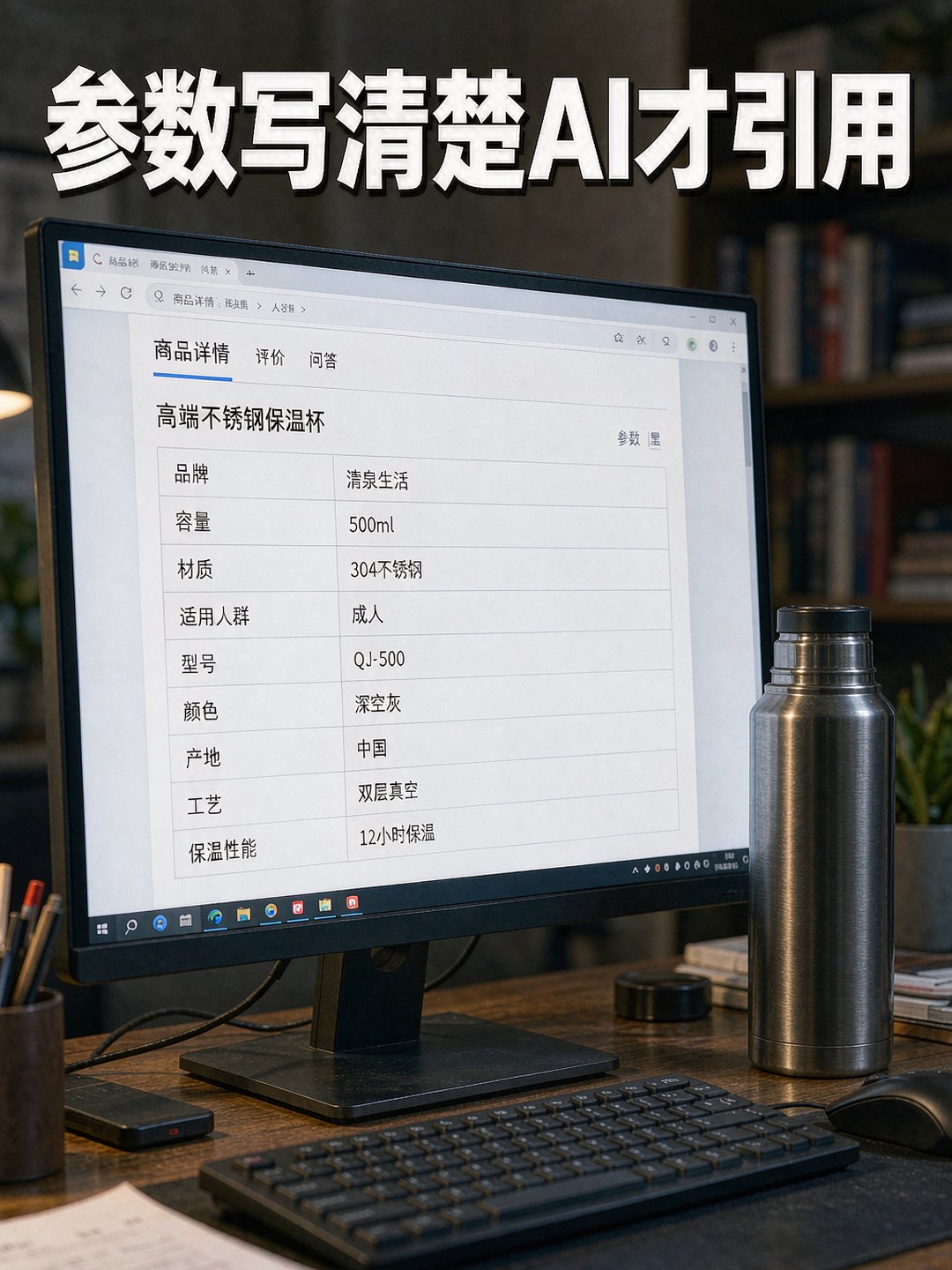电脑屏幕上是超市商品详情页，参数分条列得清清楚楚