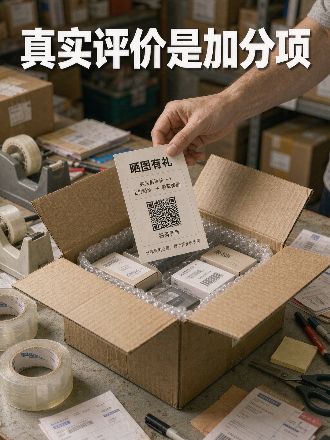 店员往快递箱里放一张引导顾客写使用感受的小卡片