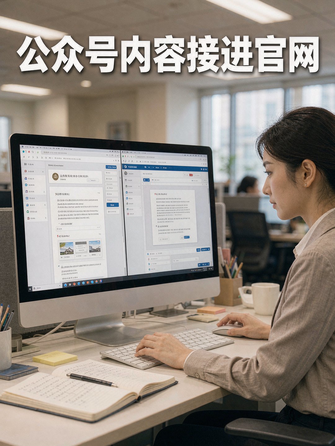 办公室里编辑正在后台把公众号文章重新排版发到官网